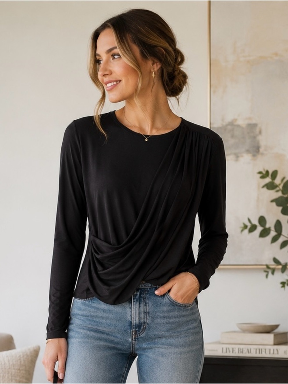Express Black Draped Long-Sleeve Top